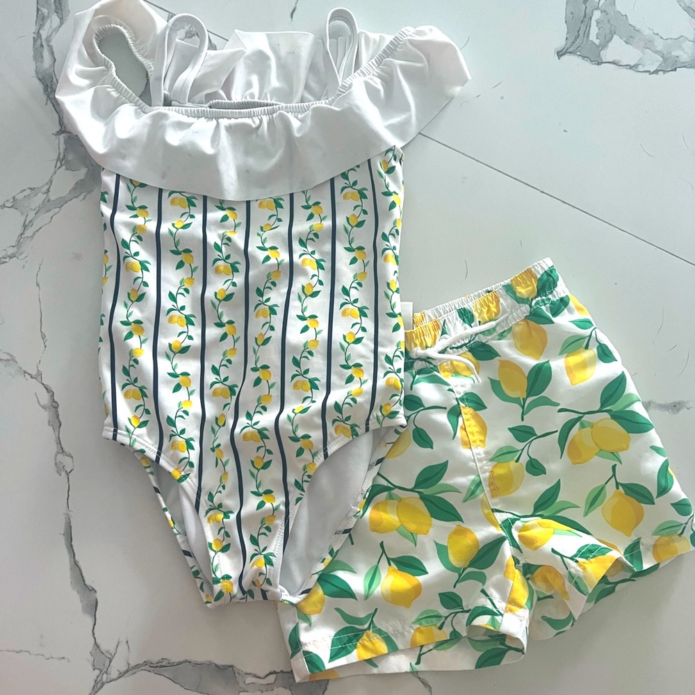 Matching sibling swim set size 3 boy and 5 girl. Janie & Jack
